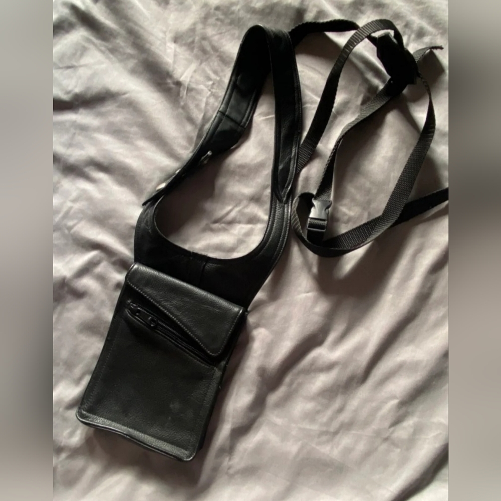 Leather Black Cross Body Strapped Motorcycle Biker Bag